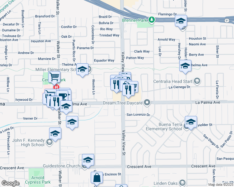 map of restaurants, bars, coffee shops, grocery stores, and more near 7971 Valley View Street in La Palma