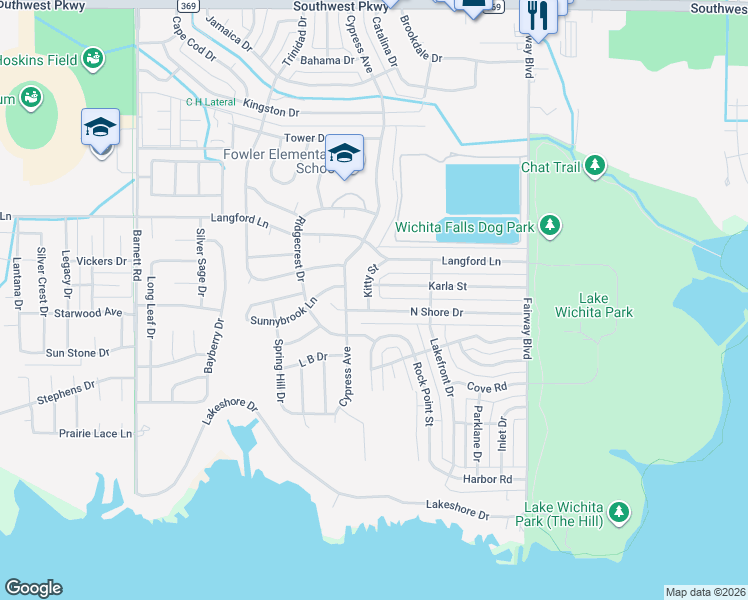 map of restaurants, bars, coffee shops, grocery stores, and more near 4915 Kitty Street in Wichita Falls