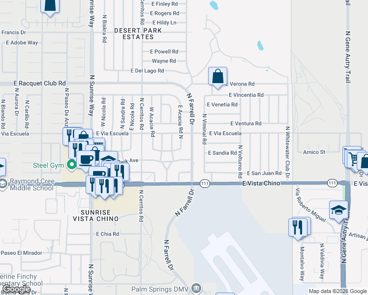 map of restaurants, bars, coffee shops, grocery stores, and more near 2010 Acacia Road East in Palm Springs