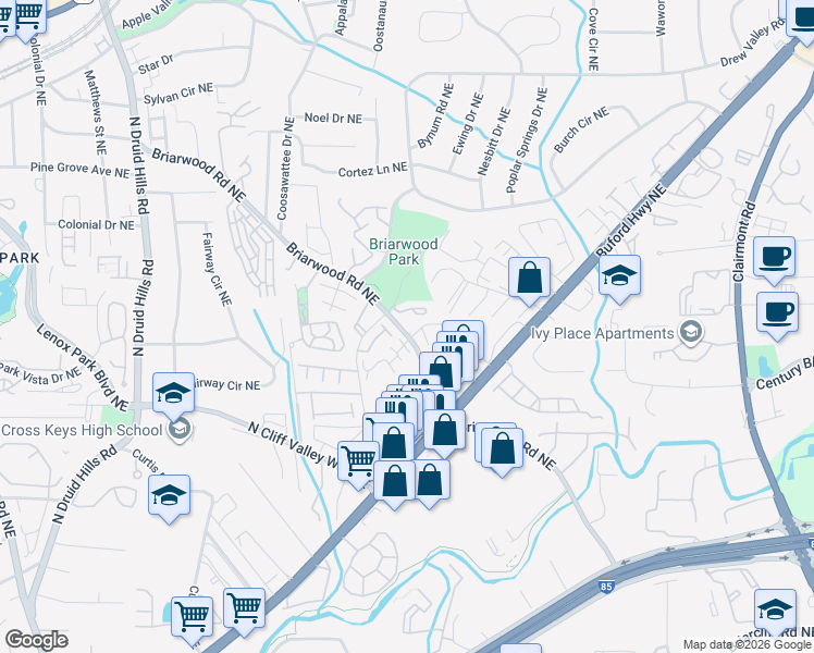 map of restaurants, bars, coffee shops, grocery stores, and more near 1544 Briarwood Road Northeast in Atlanta