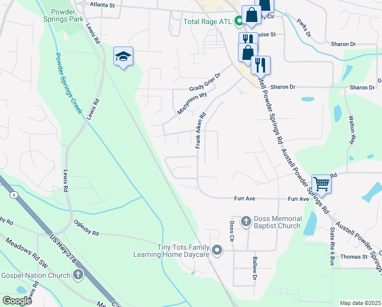 map of restaurants, bars, coffee shops, grocery stores, and more near 4302 Starboard Drive in Powder Springs