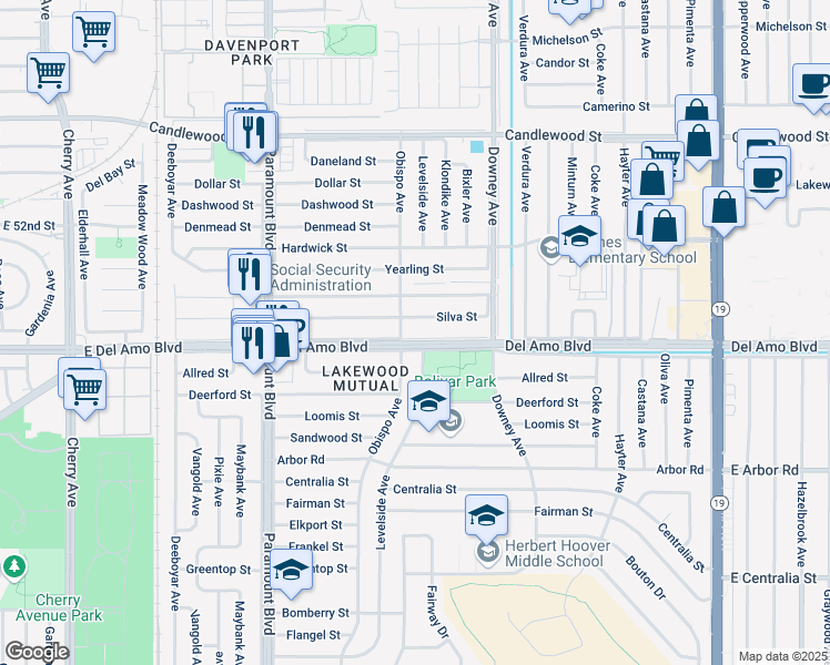 map of restaurants, bars, coffee shops, grocery stores, and more near 3213 del Amo Boulevard in Lakewood