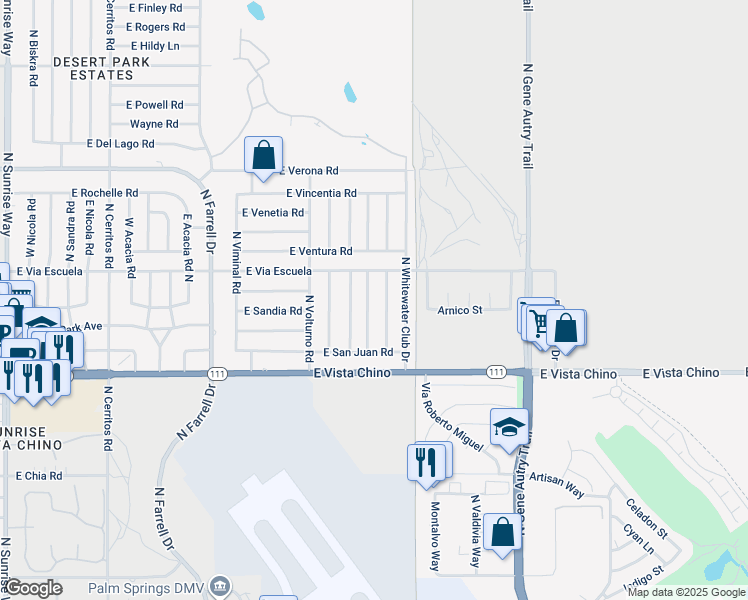 map of restaurants, bars, coffee shops, grocery stores, and more near 2050 North San Clemente Road in Palm Springs