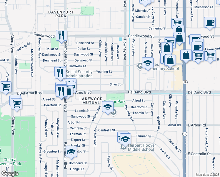 map of restaurants, bars, coffee shops, grocery stores, and more near 3213 Del Amo Boulevard in Lakewood