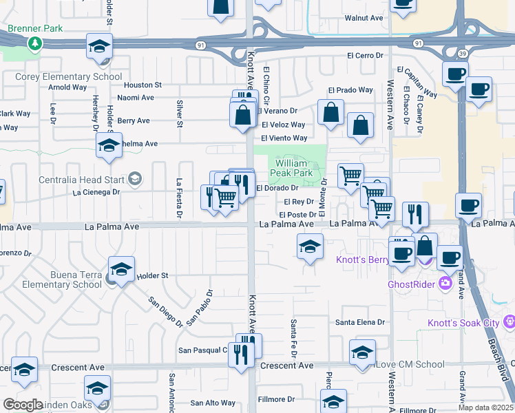 map of restaurants, bars, coffee shops, grocery stores, and more near 7002 El Provo Circle in Buena Park