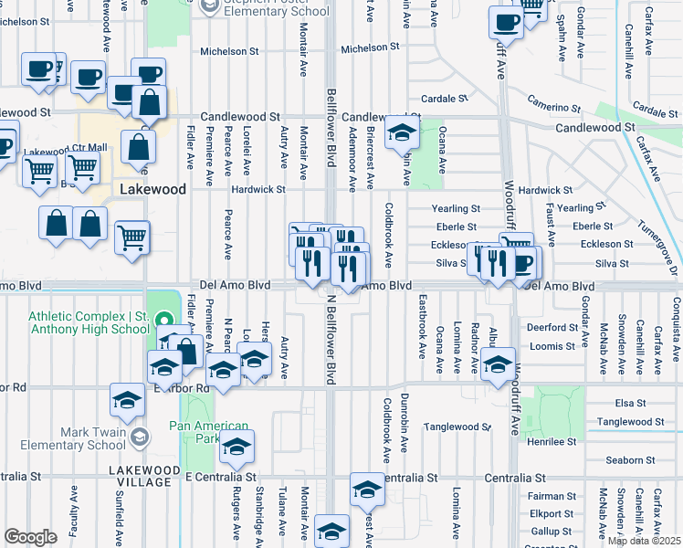 map of restaurants, bars, coffee shops, grocery stores, and more near 2239 Del Amo Boulevard in Lakewood