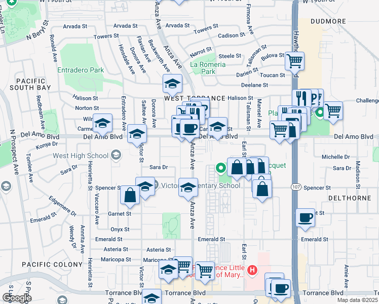 map of restaurants, bars, coffee shops, grocery stores, and more near 20346 Anza Avenue in Torrance