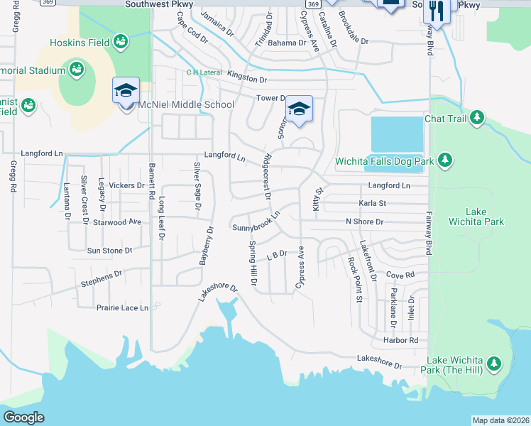 map of restaurants, bars, coffee shops, grocery stores, and more near 5308 Ridgecrest Dr in Wichita Falls