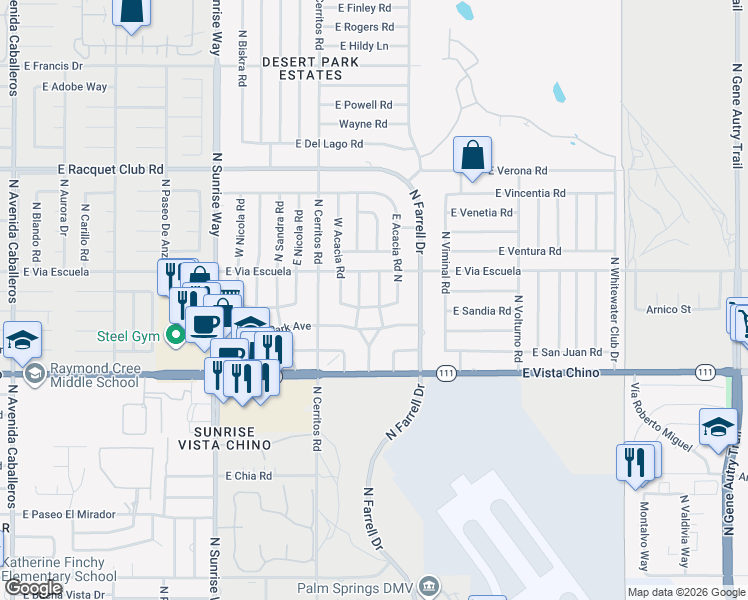 map of restaurants, bars, coffee shops, grocery stores, and more near 2025 North Victoria Road in Palm Springs