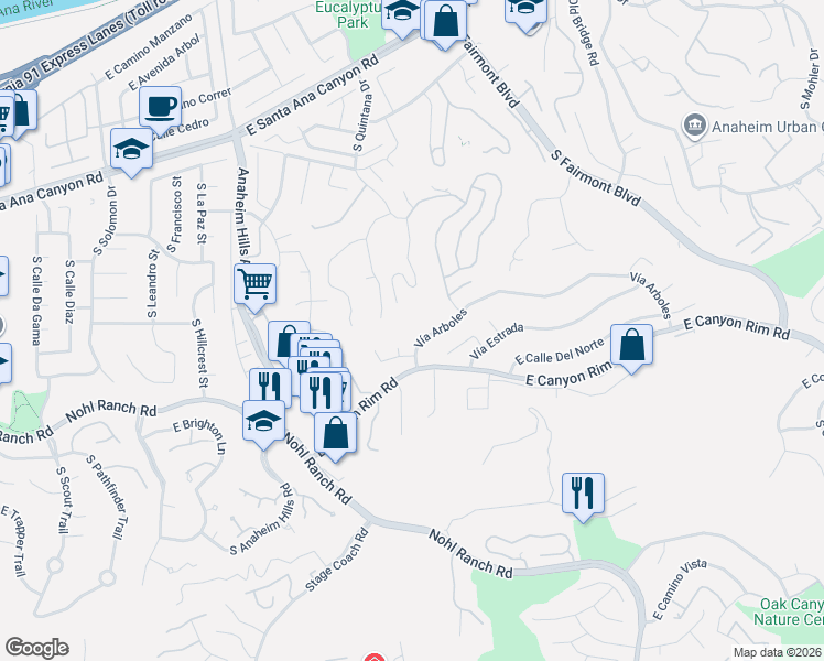 map of restaurants, bars, coffee shops, grocery stores, and more near 6374 Paseo Celeste in Anaheim