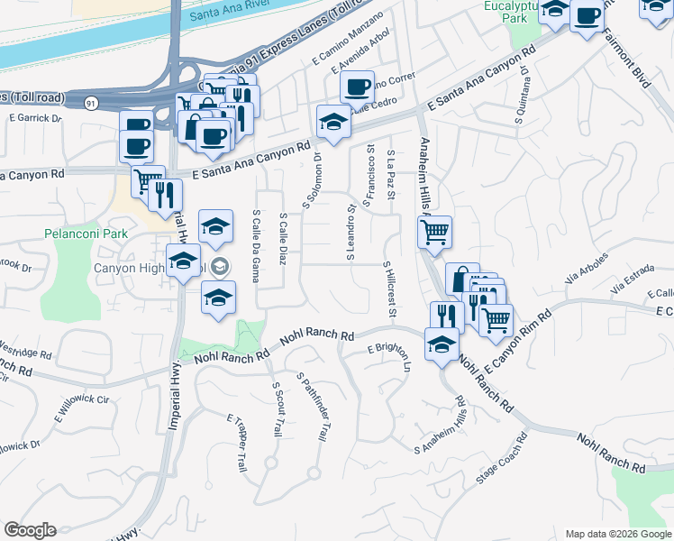 map of restaurants, bars, coffee shops, grocery stores, and more near 5926 East Tiber Drive in Anaheim