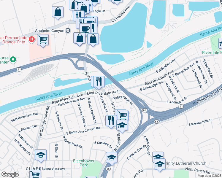 map of restaurants, bars, coffee shops, grocery stores, and more near 4000 East Riverdale Avenue in Anaheim