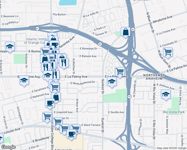 map of restaurants, bars, coffee shops, grocery stores, and more near 2429 East La Palma Avenue in Anaheim