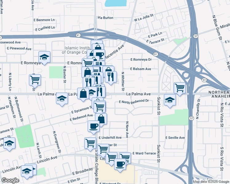 map of restaurants, bars, coffee shops, grocery stores, and more near 2227 East La Palma Avenue in Anaheim