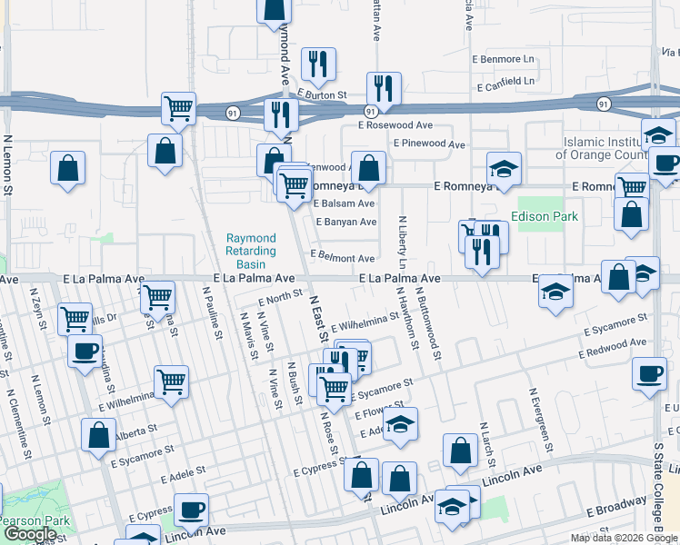 map of restaurants, bars, coffee shops, grocery stores, and more near 1223 East La Palma Avenue in Anaheim
