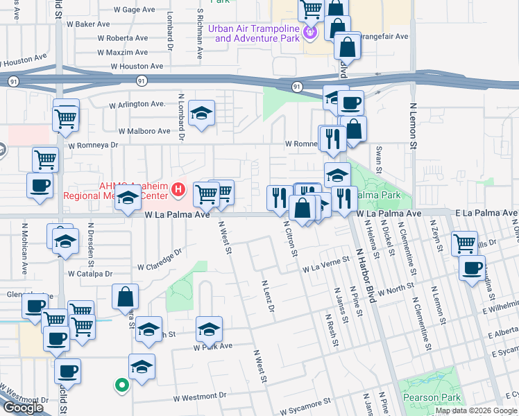 map of restaurants, bars, coffee shops, grocery stores, and more near 911 West La Palma Avenue in Anaheim