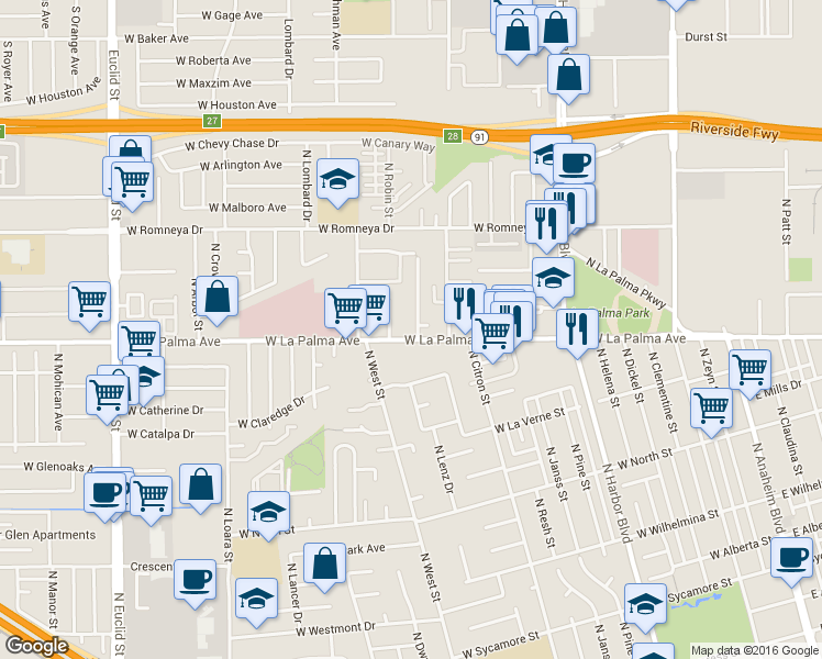 map of restaurants, bars, coffee shops, grocery stores, and more near 925 West La Palma Avenue in Anaheim