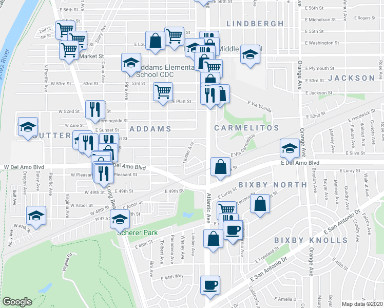 map of restaurants, bars, coffee shops, grocery stores, and more near 5044 Linden Avenue in Long Beach