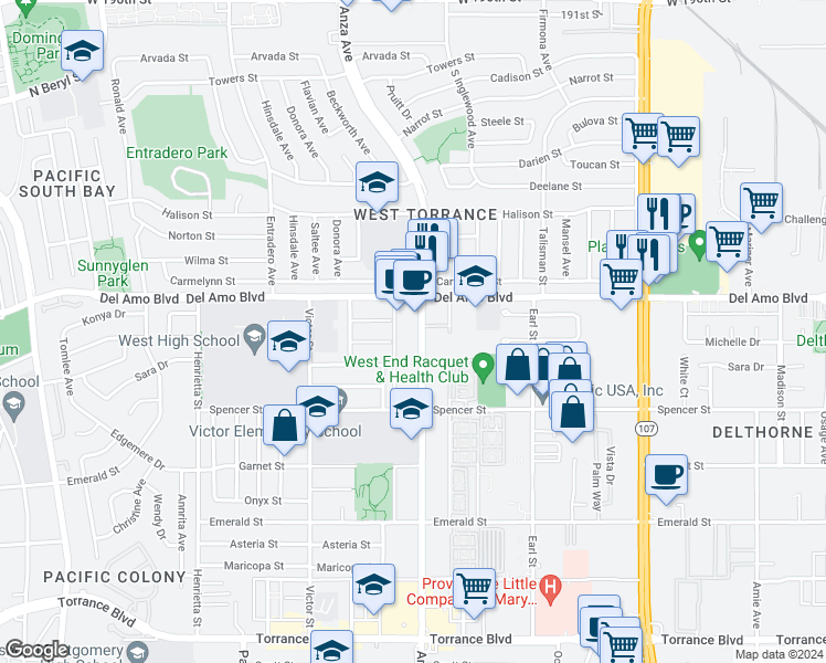 map of restaurants, bars, coffee shops, grocery stores, and more near 20346 Anza Avenue in Torrance