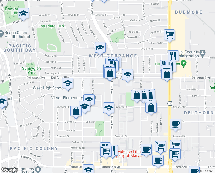 map of restaurants, bars, coffee shops, grocery stores, and more near 4703 Michelle Drive in Torrance