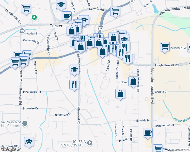 map of restaurants, bars, coffee shops, grocery stores, and more near 2123 Hanfred Court in Tucker