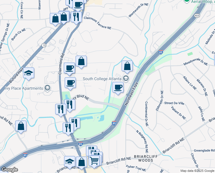 map of restaurants, bars, coffee shops, grocery stores, and more near 2164 Medfield Trail Northeast in Atlanta