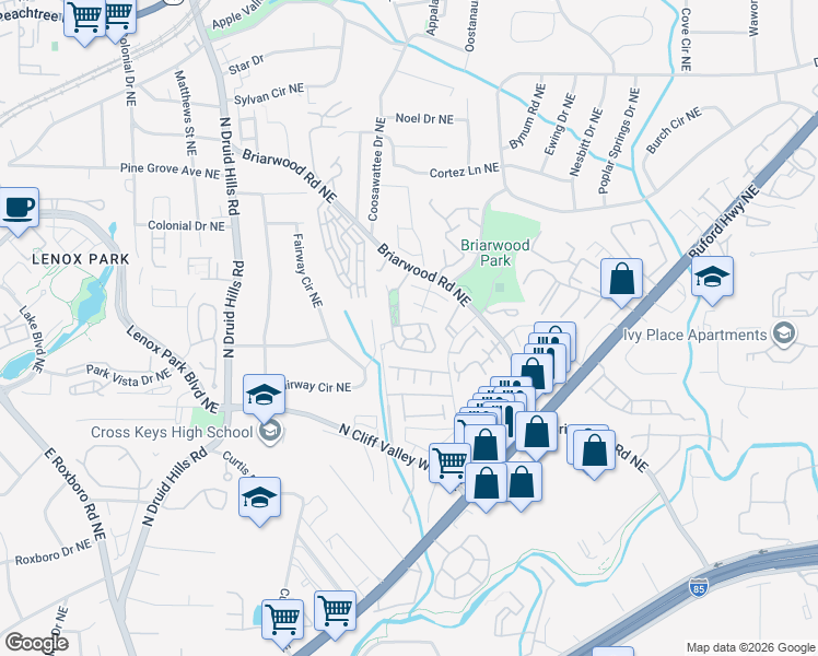 map of restaurants, bars, coffee shops, grocery stores, and more near 1939 Cobblestone Circle Northeast in Atlanta