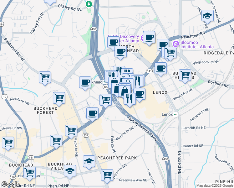 map of restaurants, bars, coffee shops, grocery stores, and more near 3377 Peachtree Road Northeast in Atlanta