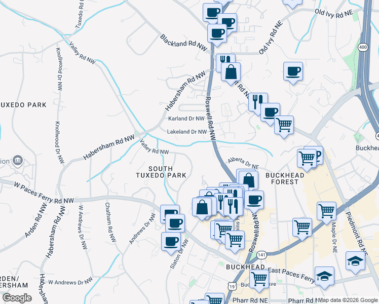 map of restaurants, bars, coffee shops, grocery stores, and more near 3385 Valley Road Northwest in Atlanta
