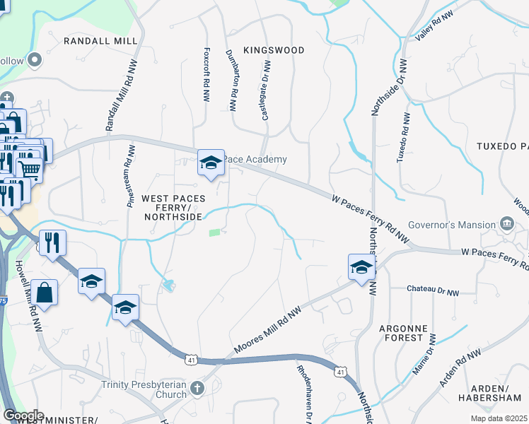 map of restaurants, bars, coffee shops, grocery stores, and more near 3380 East Wood Valley Road Northwest in Atlanta
