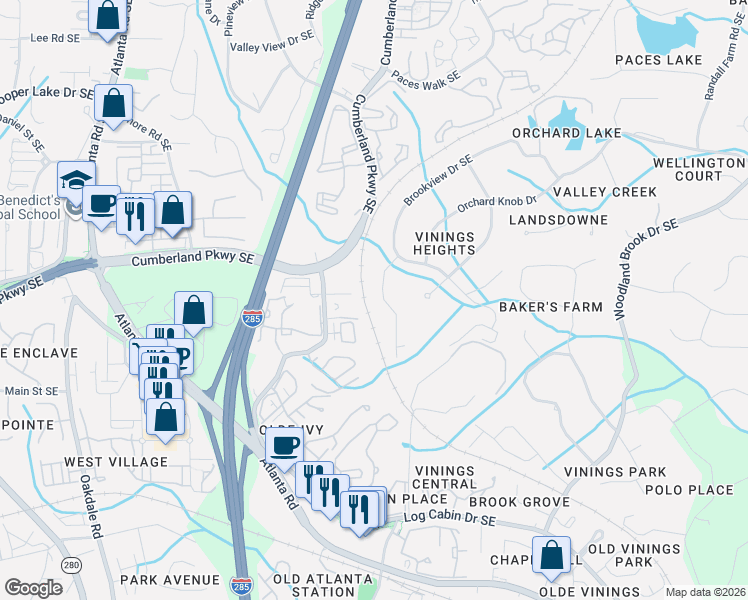 map of restaurants, bars, coffee shops, grocery stores, and more near 4320 Orchard Valley Drive Southeast in Atlanta