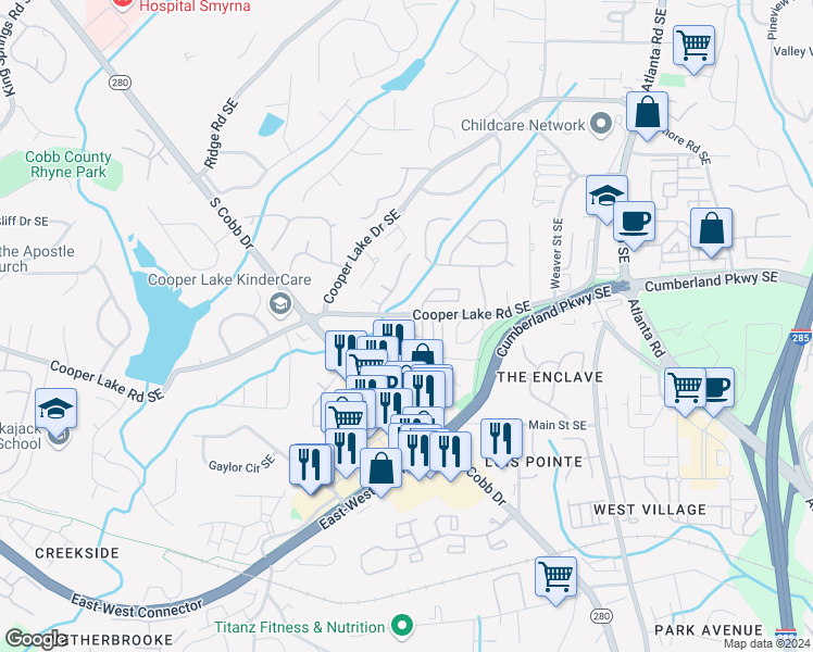 map of restaurants, bars, coffee shops, grocery stores, and more near 1605 Pavillion Ridge Drive Southeast in Smyrna
