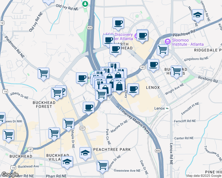 map of restaurants, bars, coffee shops, grocery stores, and more near 3353 Peachtree Road Northeast in Atlanta