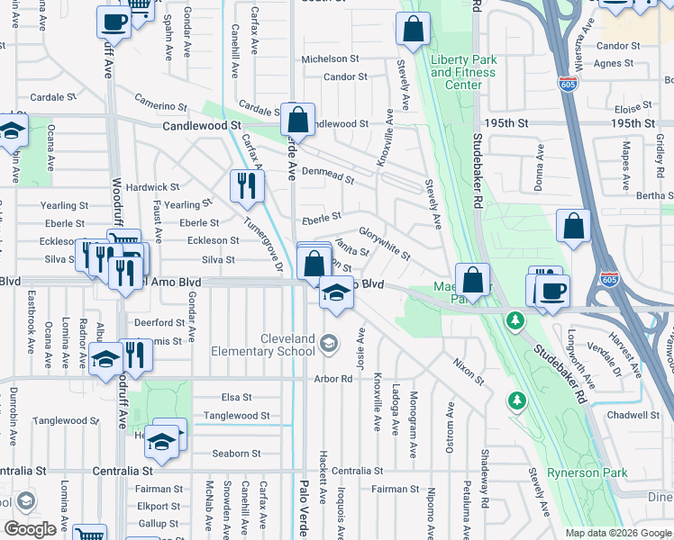 map of restaurants, bars, coffee shops, grocery stores, and more near 6458 Nixon Street in Lakewood