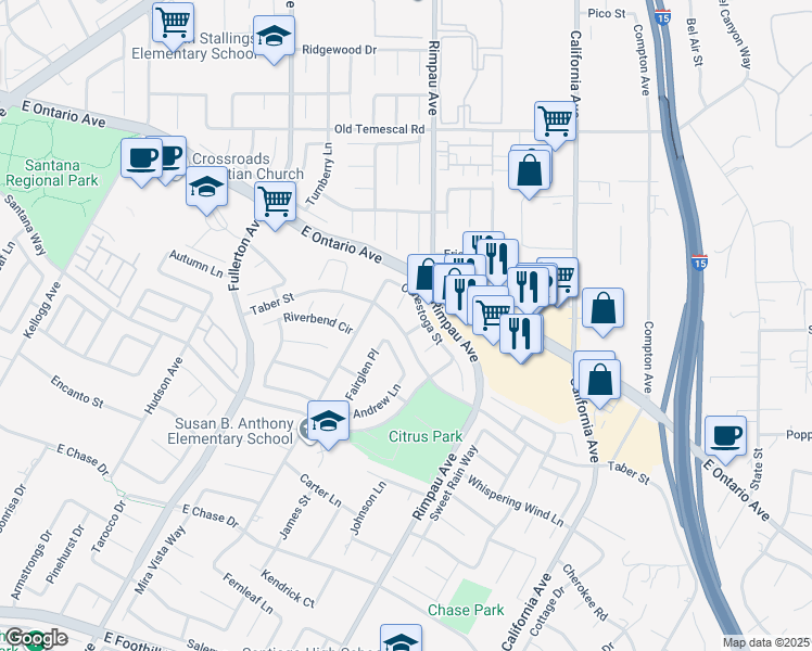map of restaurants, bars, coffee shops, grocery stores, and more near 2376 Pecos Street in Corona