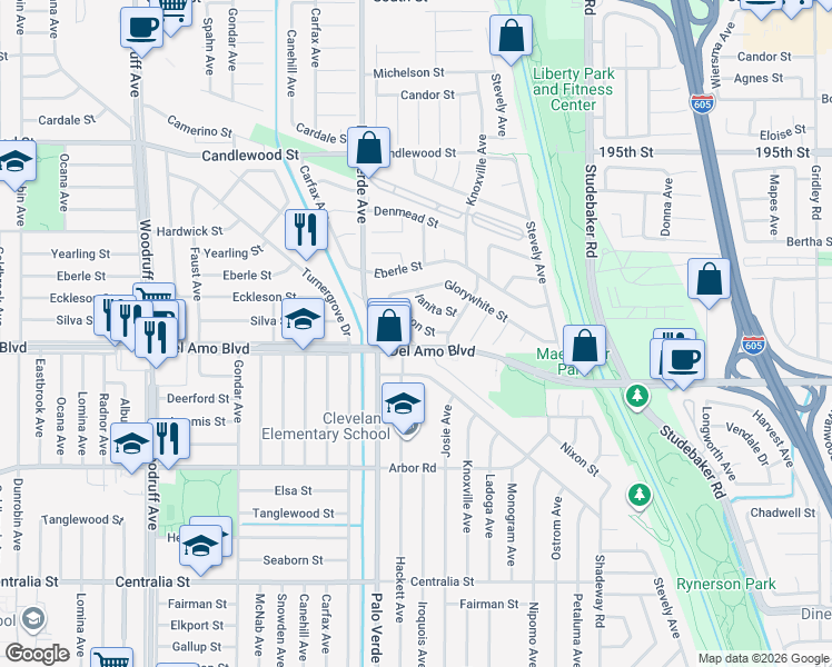 map of restaurants, bars, coffee shops, grocery stores, and more near 6458 Nixon Street in Lakewood