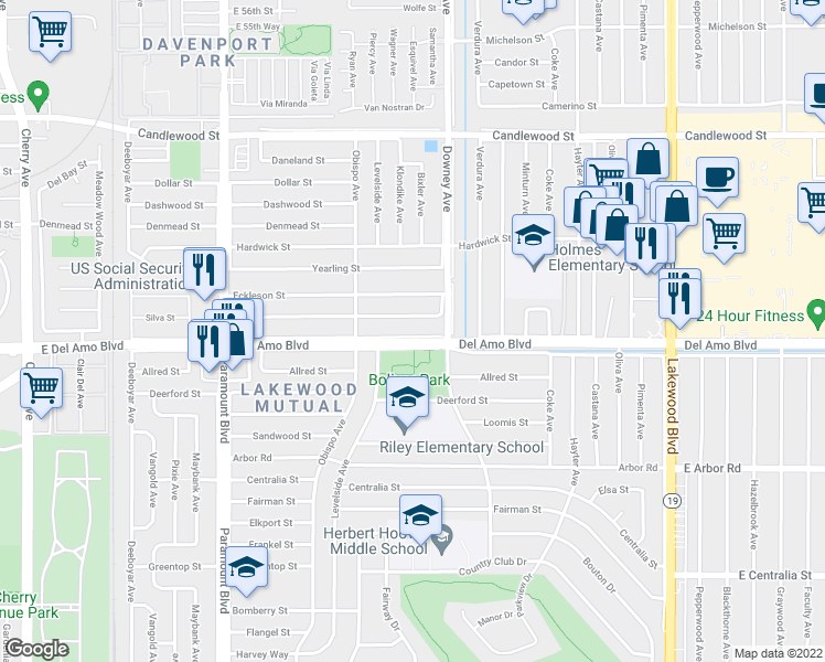 map of restaurants, bars, coffee shops, grocery stores, and more near 3313 del Amo Boulevard in Lakewood