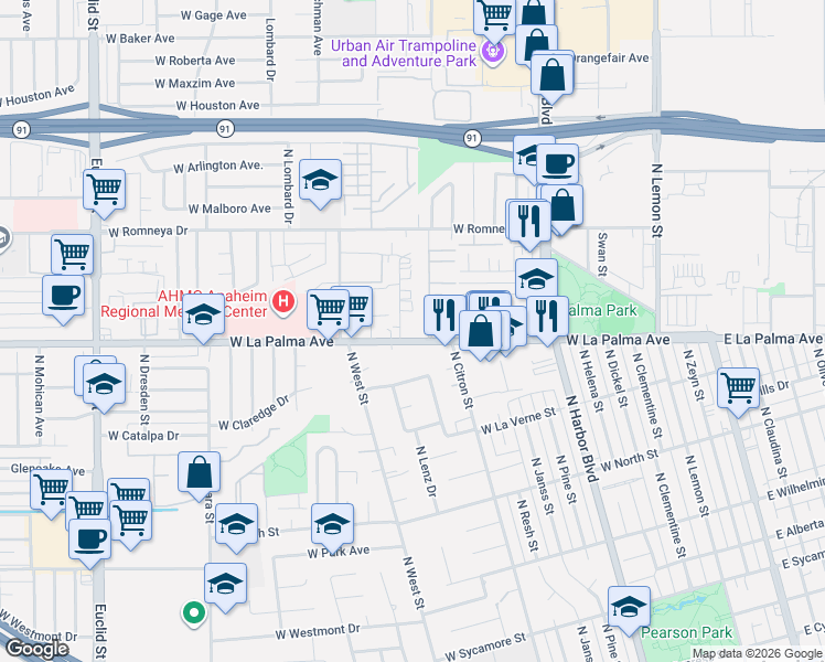 map of restaurants, bars, coffee shops, grocery stores, and more near 911 West La Palma Avenue in Anaheim