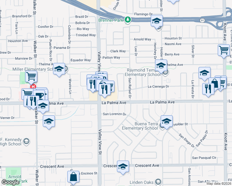 map of restaurants, bars, coffee shops, grocery stores, and more near 7925 La Carta Circle in Buena Park
