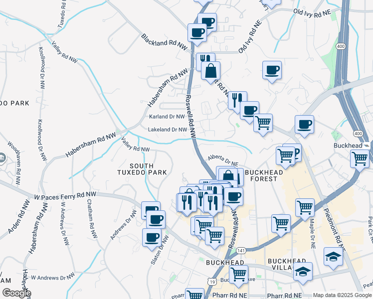 map of restaurants, bars, coffee shops, grocery stores, and more near 3434 Roswell Road Northwest in Atlanta