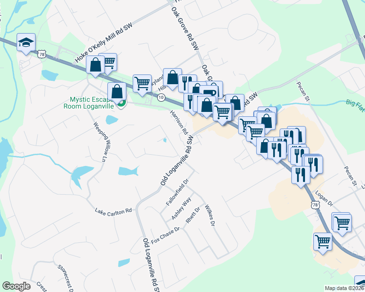 map of restaurants, bars, coffee shops, grocery stores, and more near 215 Old Loganville Road Southwest in Loganville