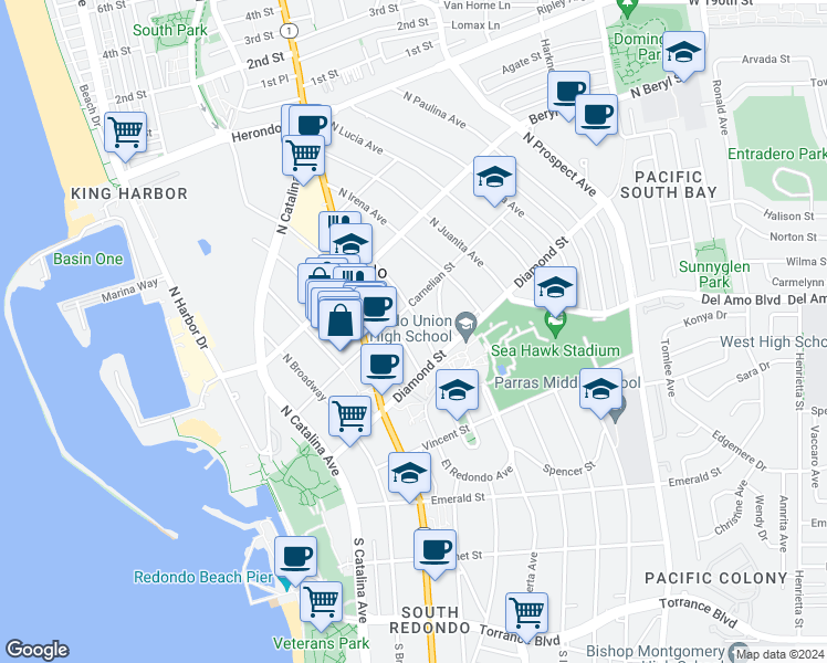 map of restaurants, bars, coffee shops, grocery stores, and more near 519 North Guadalupe Avenue in Redondo Beach