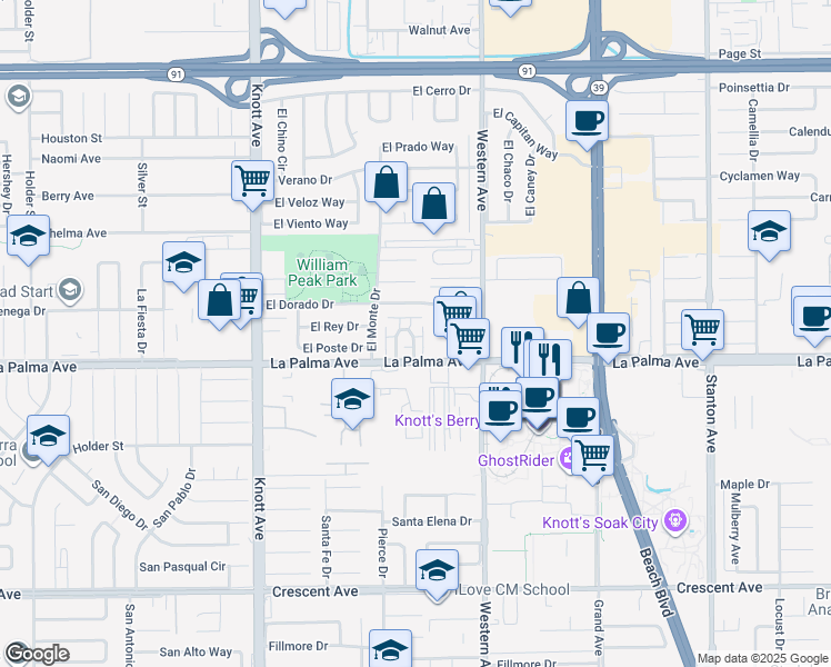 map of restaurants, bars, coffee shops, grocery stores, and more near 7335 El Domino Way in Buena Park