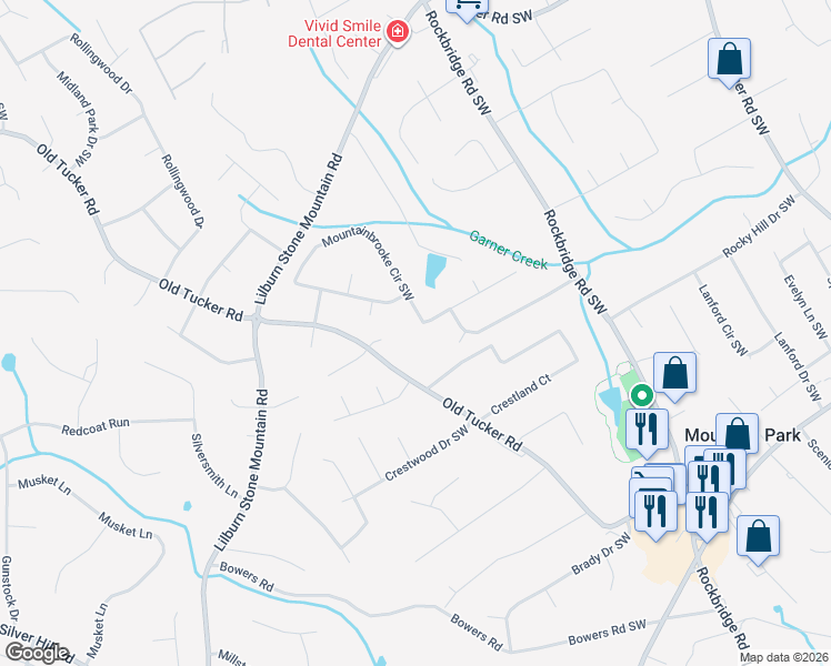 map of restaurants, bars, coffee shops, grocery stores, and more near 610 Mountainbrooke Circle Southwest in Stone Mountain