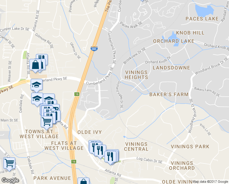 map of restaurants, bars, coffee shops, grocery stores, and more near 4320 Orchard Valley Drive Southeast in Atlanta