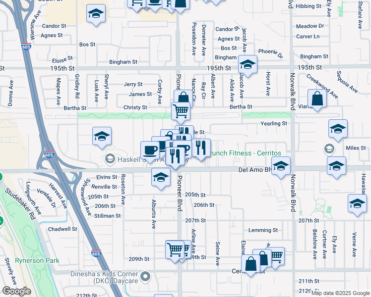 map of restaurants, bars, coffee shops, grocery stores, and more near 20110 Pioneer Boulevard in Cerritos