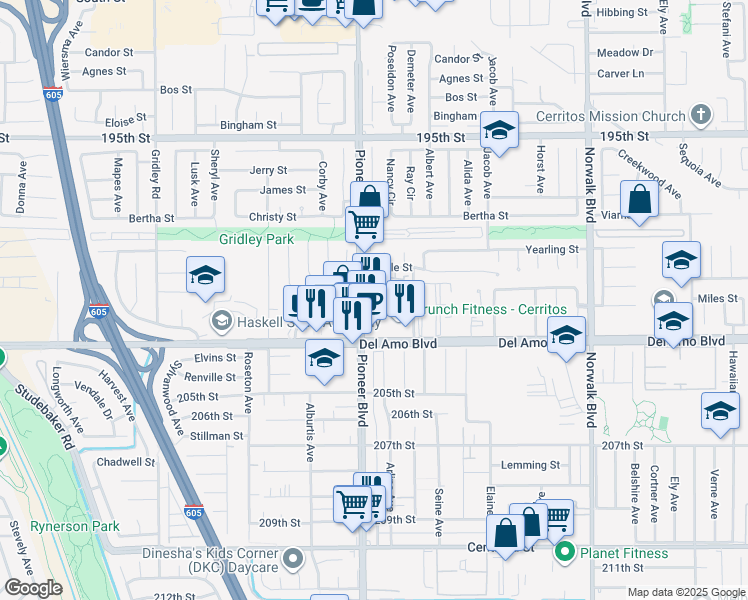 map of restaurants, bars, coffee shops, grocery stores, and more near 20110 Pioneer Boulevard in Cerritos