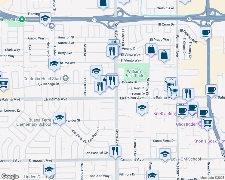 map of restaurants, bars, coffee shops, grocery stores, and more near 7002 El Provo Circle in Buena Park