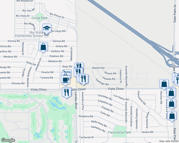 map of restaurants, bars, coffee shops, grocery stores, and more near 68166 Seville Court in Cathedral City