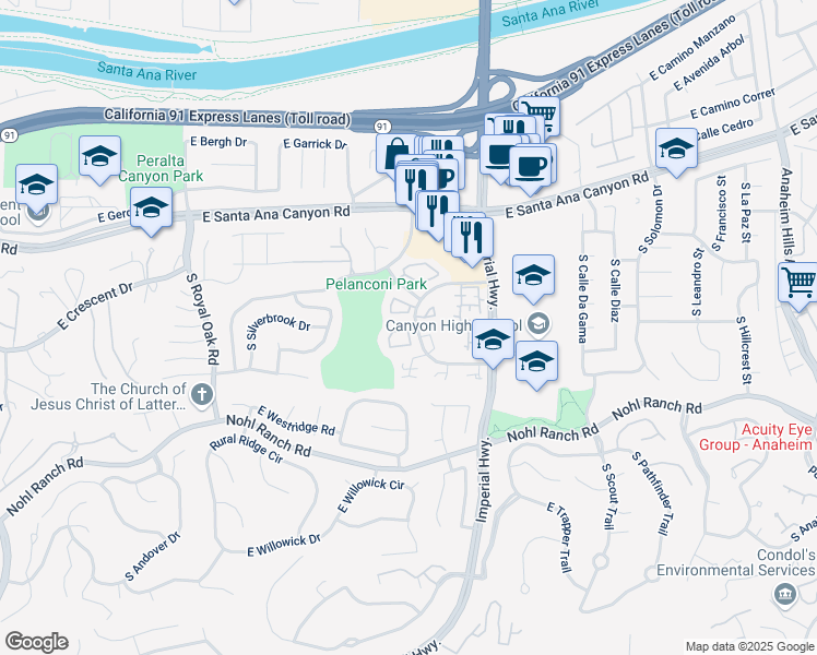 map of restaurants, bars, coffee shops, grocery stores, and more near 5594 East Vista Del Dia in Anaheim